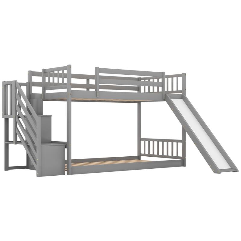 Space-Saving Twin Bunk Bed with Slide and Storage Stairway, Stylish Design for Kids