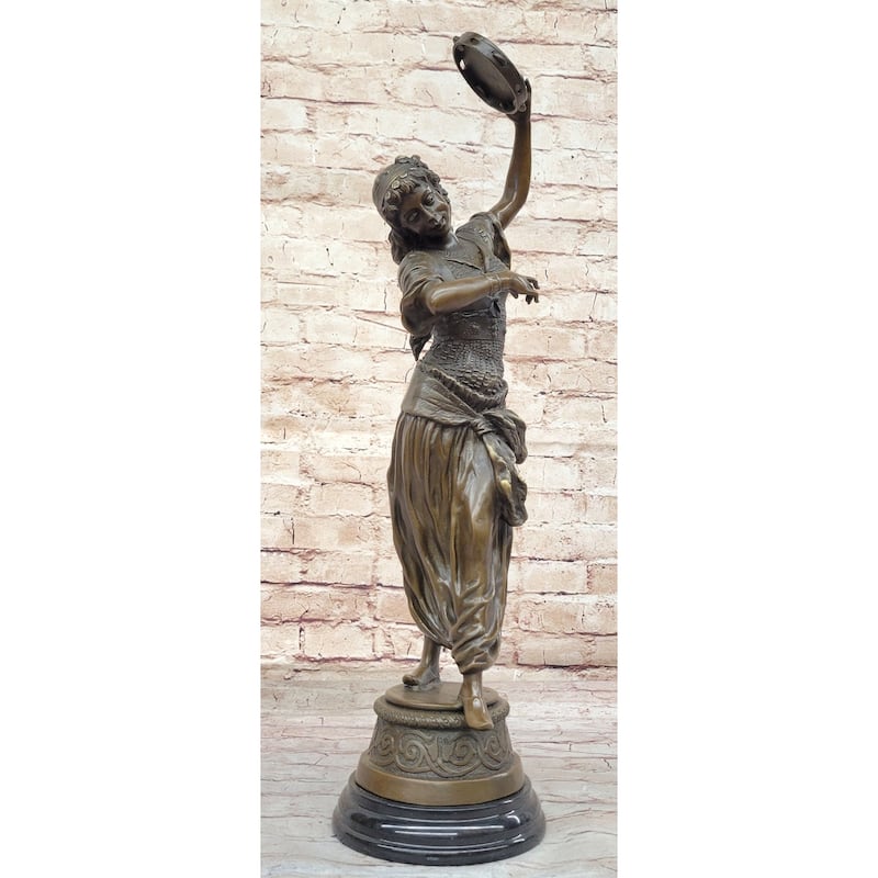 Tambourine Dancer Girl Bronze Sculpture Musical Decor Figure By M.C. Bouay