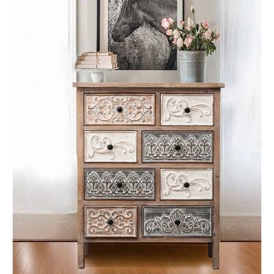 The Curated Nomad Brewa Varied Rustic Carved Wood 8-Drawer Chest - 32.09" H x 25.78" W x 12.6" D