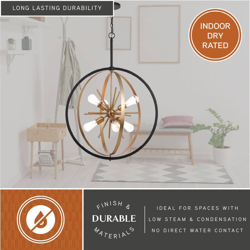Estelle 26.75-in Brass and Black Mid Century Modern 6 Light Globe Sputnik Hanging Ceiling Pendant Chandelier