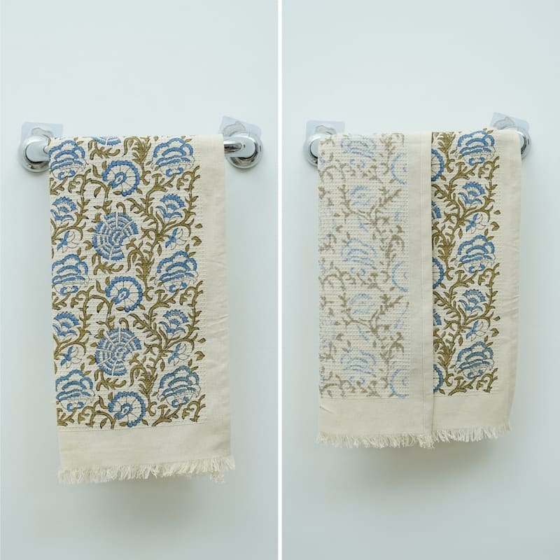 Fabdivine Honeycomb or Waffle Weave Hand Block Floral Print Hand Towel, Kitchen Gift Use