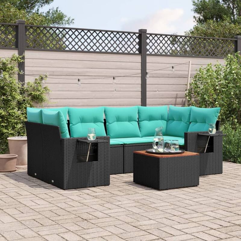 vidaXL 7 Piece Patio Sofa Set with Cushions Black Poly Rattan - 24.4 x 24.4 x 27.2
