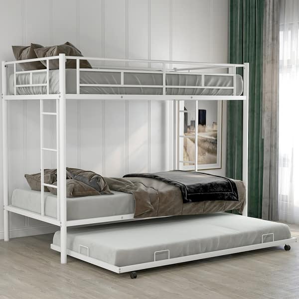 slide 2 of 15, White Twin over Twin Size Metal Bunk Bed with Trundle, Ladder and Fence for Bedroom White