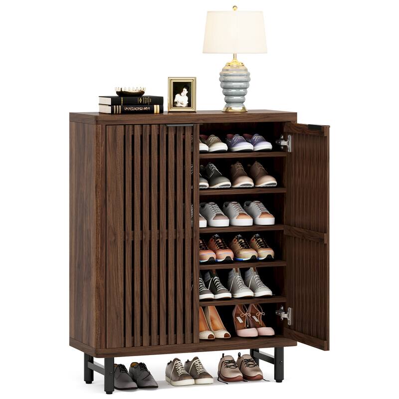 Wooden Shoe Cabinet with Shutter Doors, Adjustable Shelves Large Hidden Storage Organizer Rack for Entryway Hallway