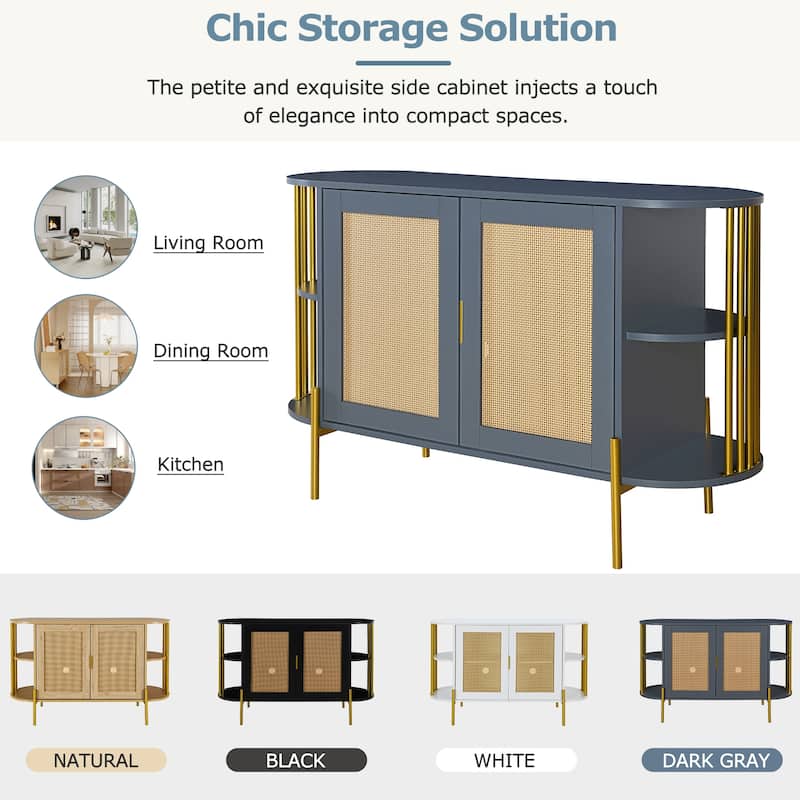 2-Door Storage Cabinet with Woven Rattan Doors, Buffet Sideboard with Gold Trim, Console Table with Curved Open Shelves