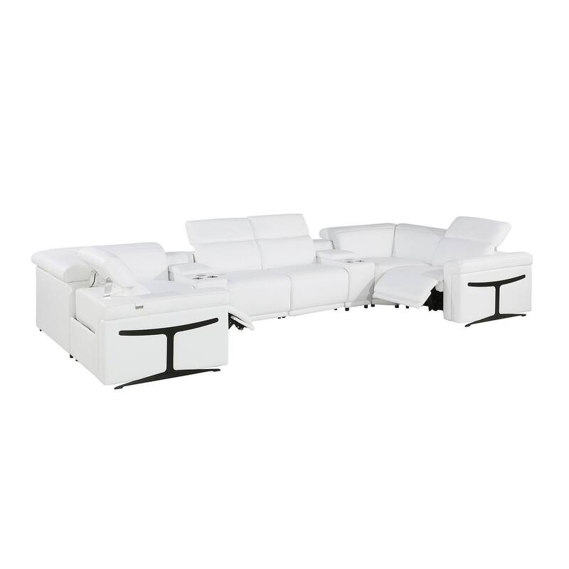 HomeRoots White Italian Leather Power Reclining U Shaped Eight Piece Corner Sectional With Console