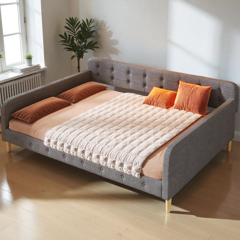 Queen Size Upholstered Daybed with Linen Fabric, Solid Wood Frame & 4 Support Legs, Sofa Bed for Guest Room