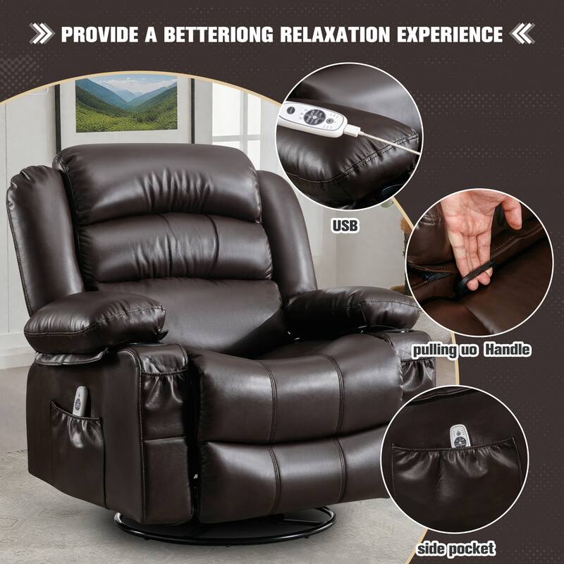 Recliner Chair with Massage & Heat, PU Leather Swivel Recliner, Electric Recliner with Side Pocket 2 Cup Holders & USB Port