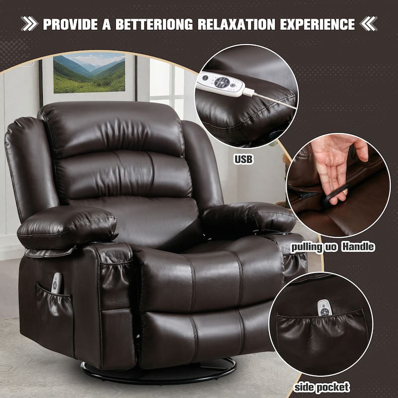 Swivel Recliner Chair with Massage & Heat, Single Sofa with Cup Holders & USB Charge Port, Ergonomic Lounge Sofa Chair