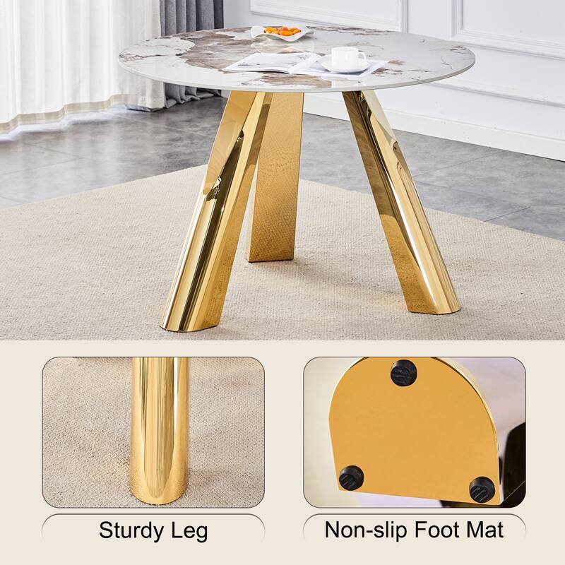Roomfitters 42" White Pattern Sintered Stone Dining Table with Gold Legs, Round Table for 2 to 6, White