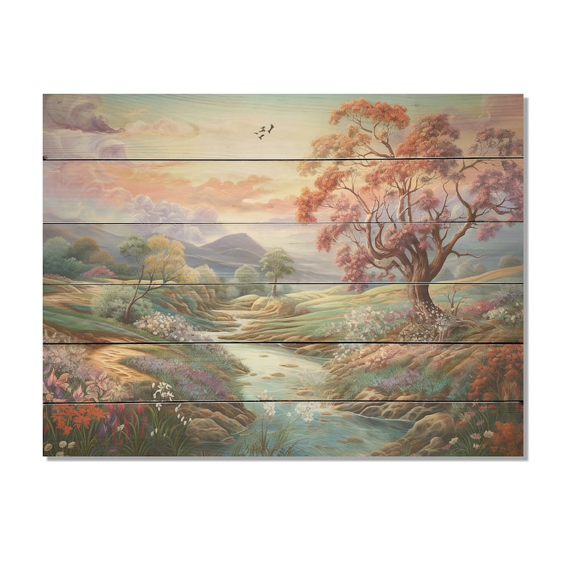 Designart "Countryside Charm Provence Landscape" Countryside Wood Wall Art - Country Wood Panel On Natural Pine Wood
