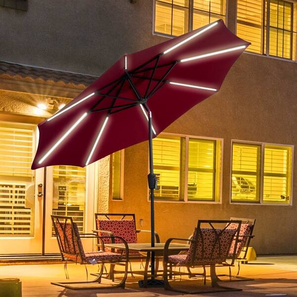 Shop 9 Ft Patio Solar Powered Umbrella With Led Light Red Overstock 31265422 Red
