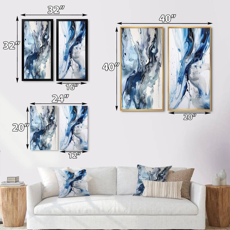 Designart "Blue and Grey Ethereal Elixir" Abstract Framed Wall Art Set Of 2 - Blue Gallery Set For Office Decor