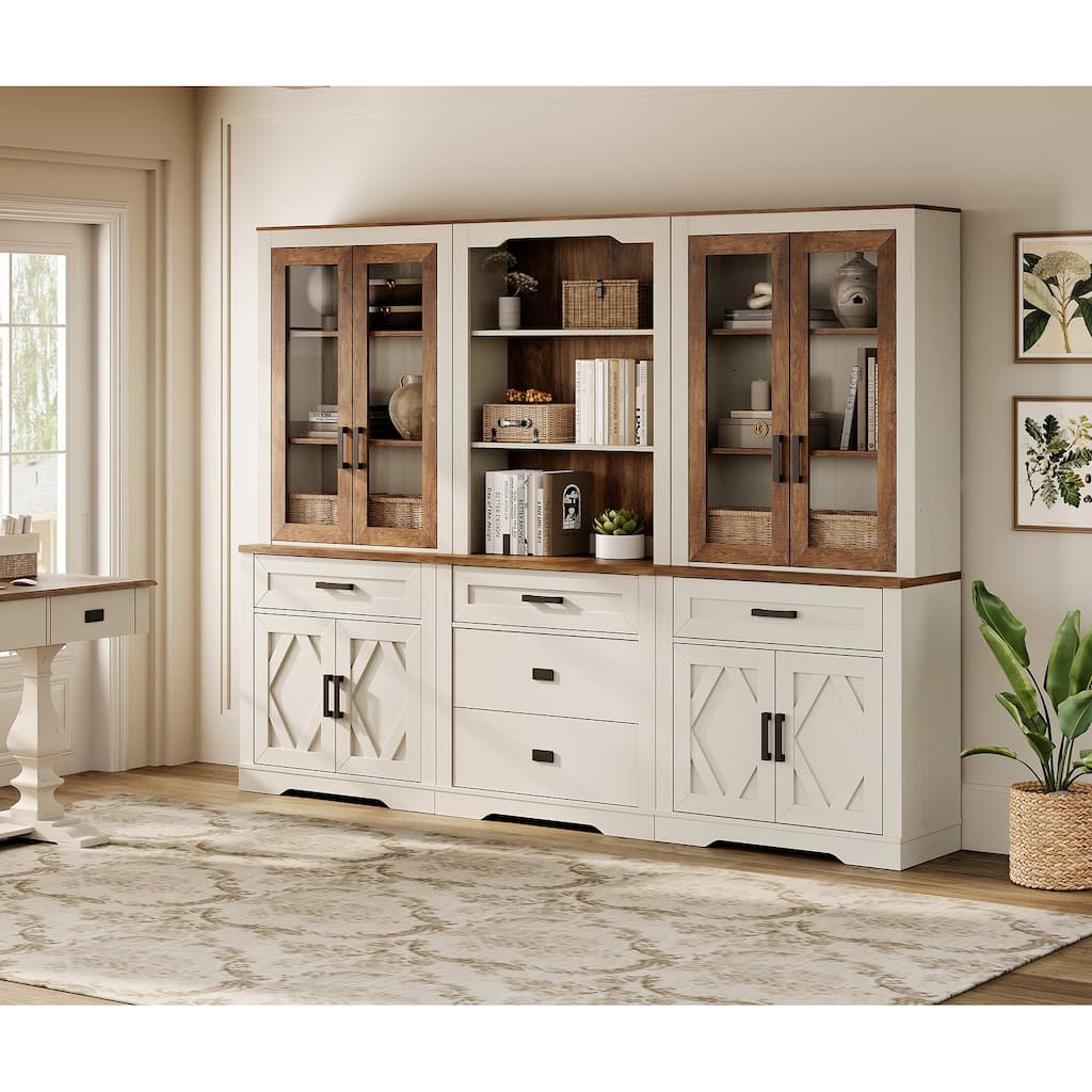 5 Tier Multi--Column Bookshelf Set with Open Storage and Glass Doors