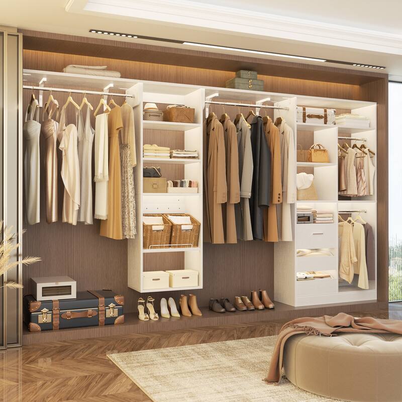 Qvella 59"-132" Closet System with Adjustable Shelves and Drawers,Multi-Functional Combination Wardrobe System Closet Organizer