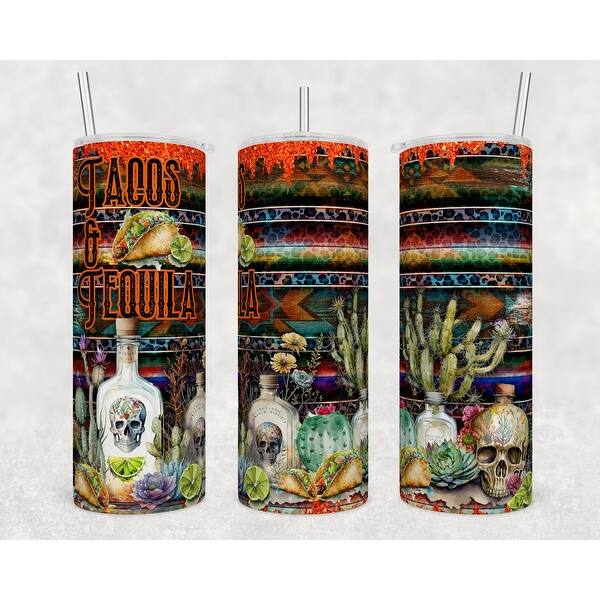 Tacos and Tequila Southwestern Flair 20 Oz Skinny Metal Tumbler w/Lid