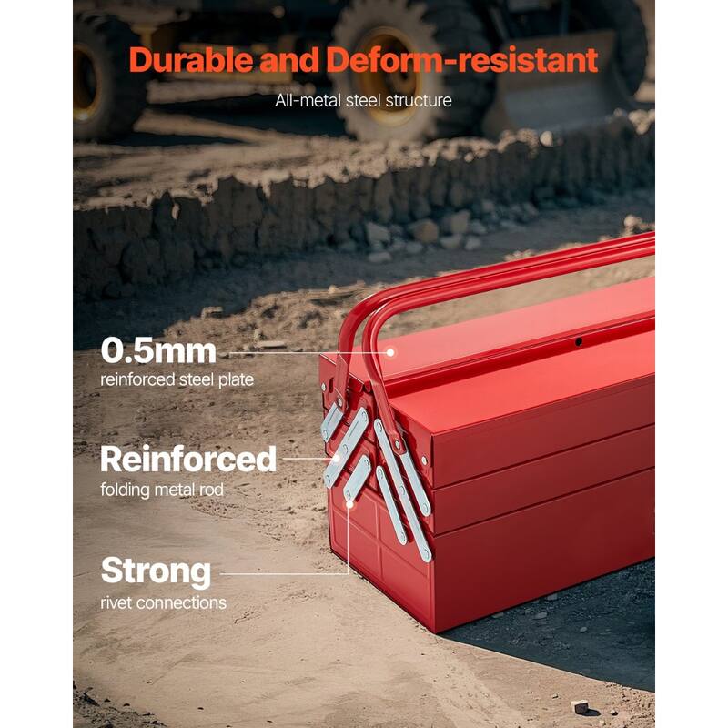 18 Inch Red Metal 3-Tier 4 Trays Folding Cantilever Toolbox with Double Handles and Smooth Flip-Top Design