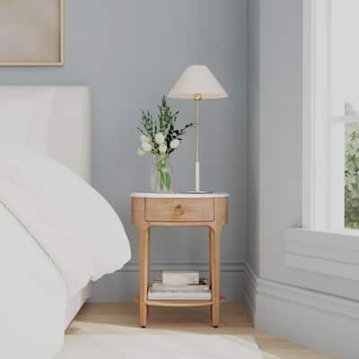 Ellen 18.25 in. W Oval Marble and Wood 1-Drawer Nightstand
