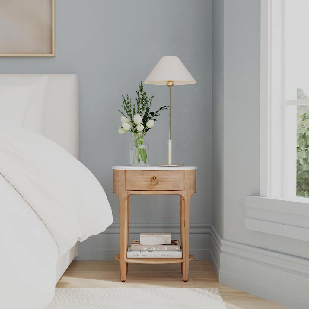 Ellen 18.25 in. W Oval Marble and Wood 1-Drawer Nightstand