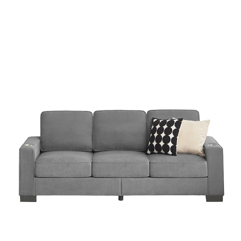 84.25" Velvet 3-Seater Sofa with Cup Holder Armrests and High-Density Spring Cushions