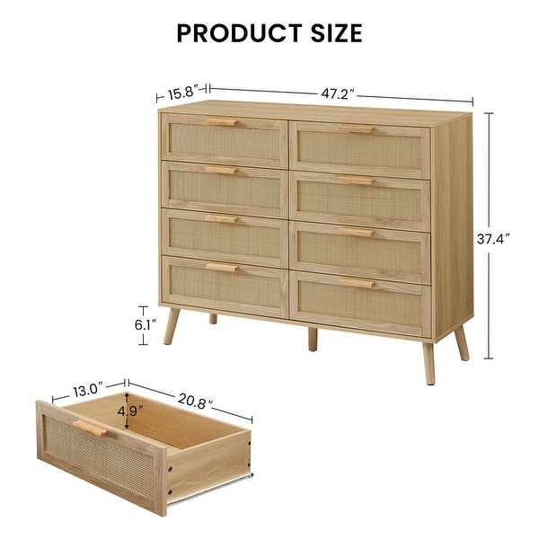 8 Double Dresser with Rattan Drawers, Wood Chest of Drawers for Kids Room