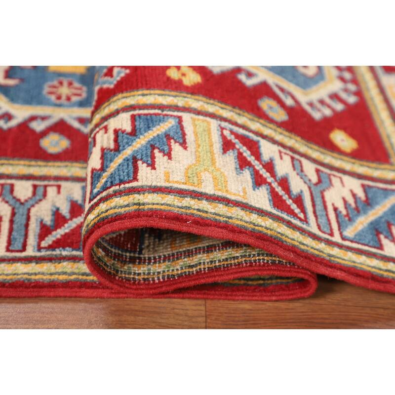 Red Geometric Kazak Foyer Rug Handmade Wool Carpet - 2'8" x 4'3"