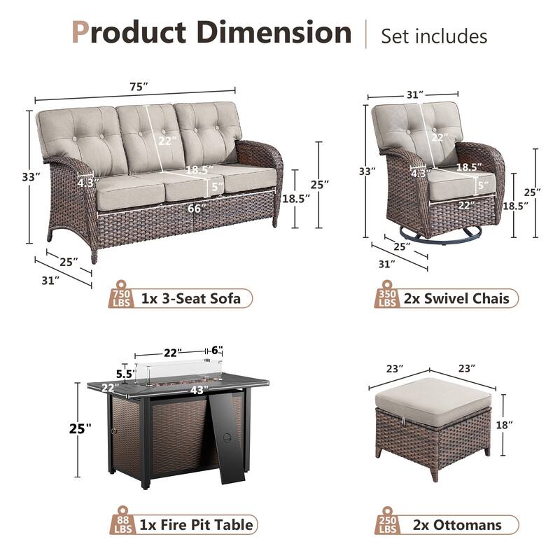Pocassy Outdoor 43 In Fire Table with Sofa Swivel Chair Set