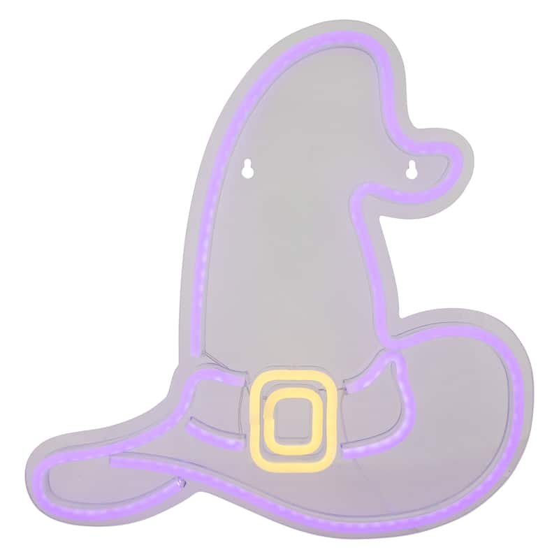 15" Purple LED Lighted Neon Style Witch Hat Halloween Window Silhouette