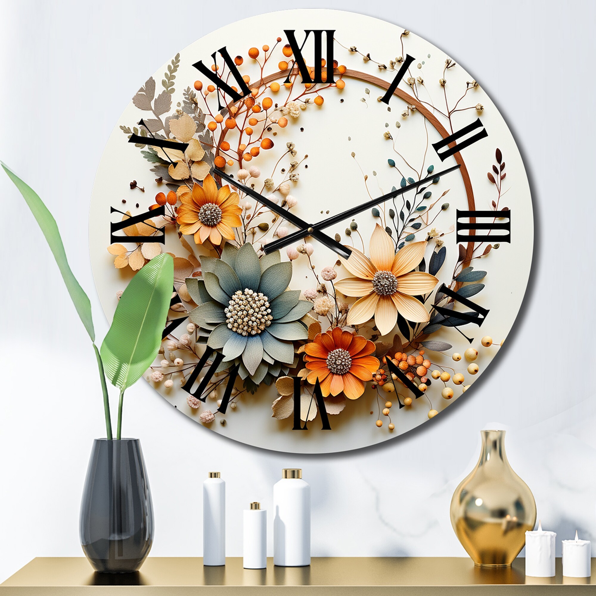 Designart "Beige and Orange Floral Wreath I" Floral Oversized Wall Clock