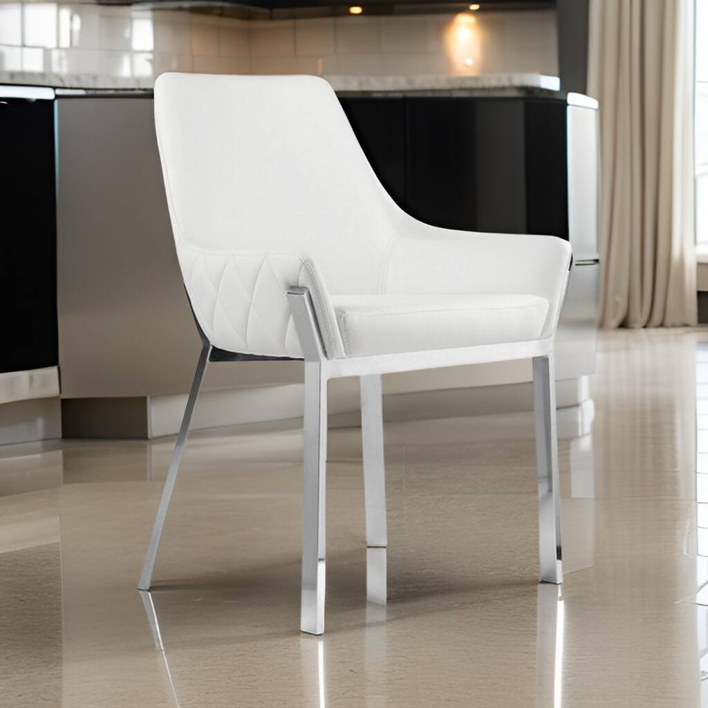 Fuma 23 Inch Set of 2 Dining Chairs, Foam Fill, White Faux Leather, Silver