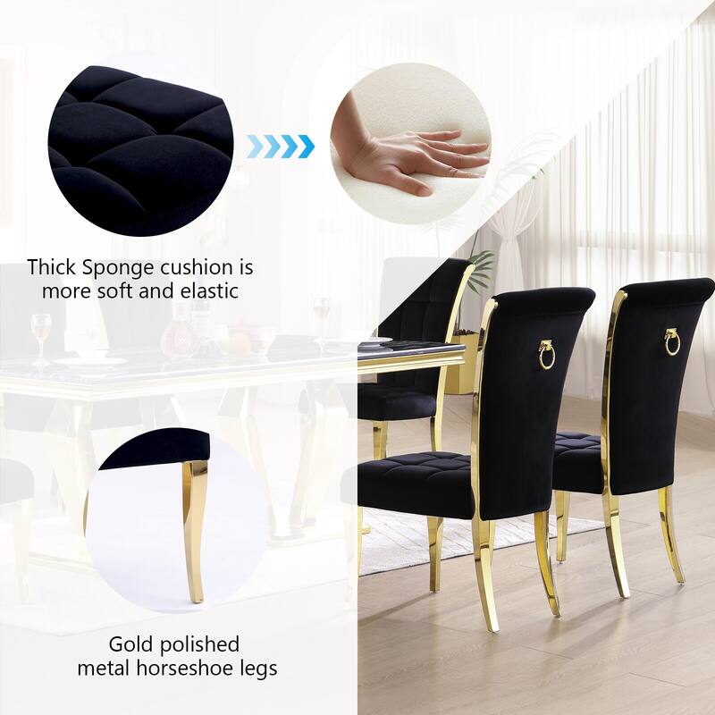 Black Velvet Upholstered Dining Chairs with Gold Legs Set of 2