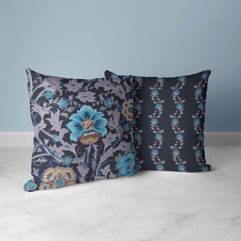 Mughal Era Garden Treasures Faux Suede Reversible Throw Pillow Blue and Lavender