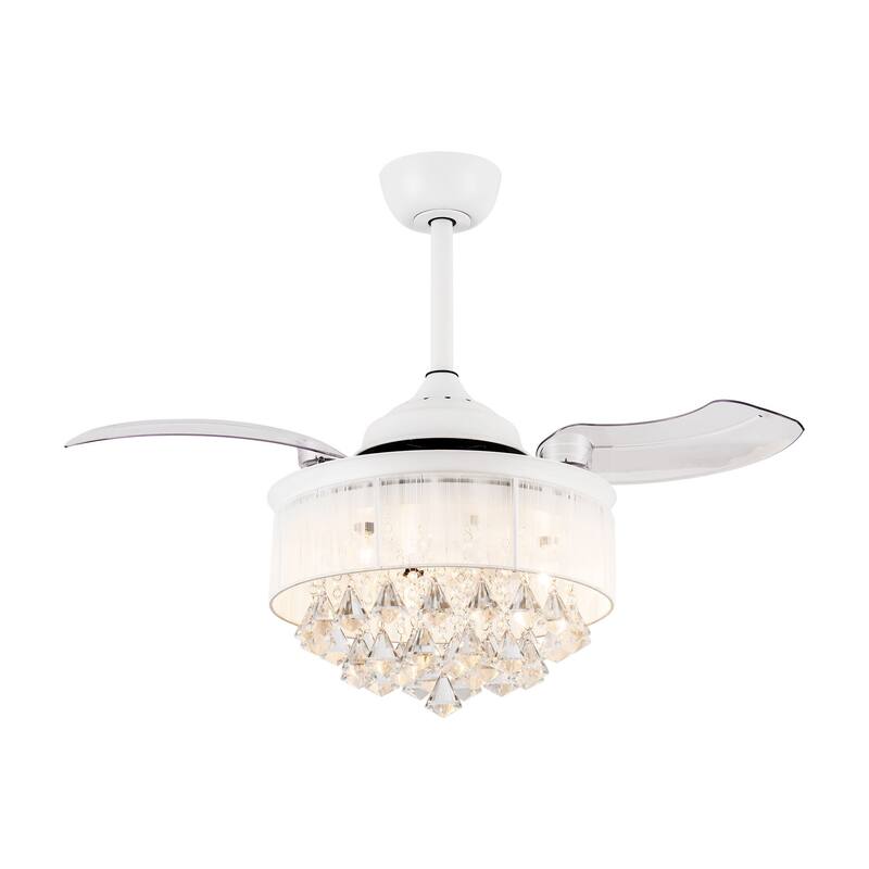 36 in. Modern White Crystal Retractable Ceiling Fan with Light Kit and Remote - 36" W x 36" D x 22" H