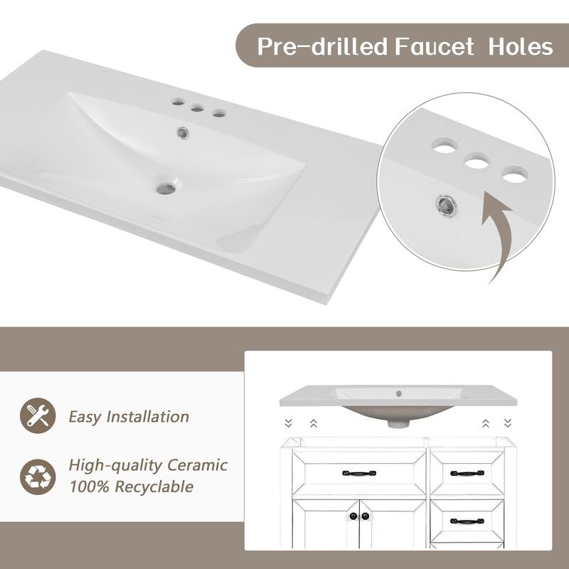 36" Freestanding Bathroom Vanity with Smooth Ceramic Sink, Cabinet & Drawers, MDF Construction