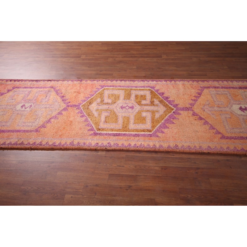 Geometric Oushak Oriental Vintage Runner Rug Hand-Knotted Wool Carpet - 3'6"x 10'4"