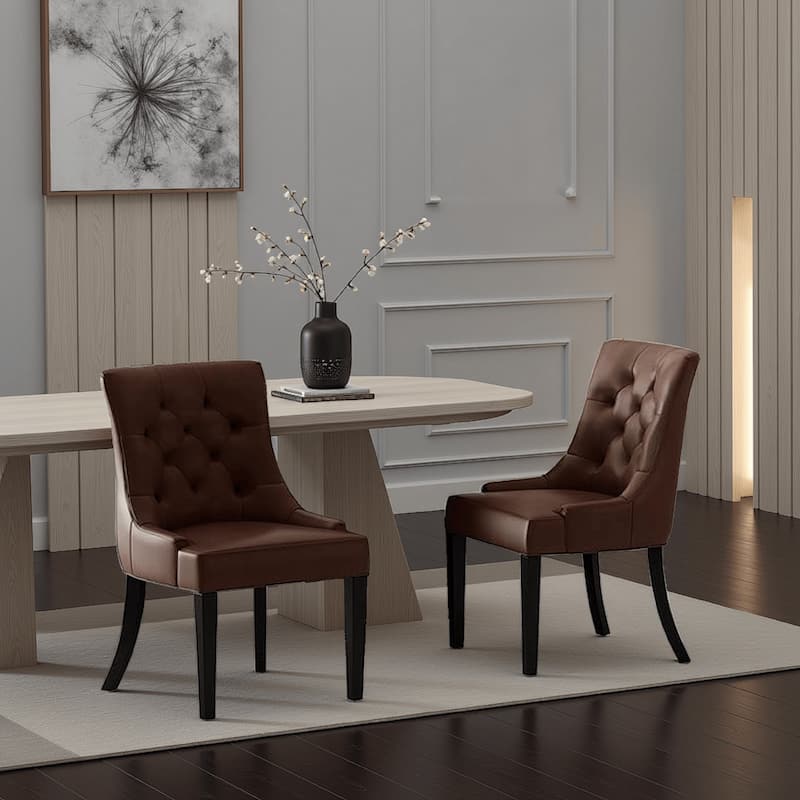 Chen Dining Chair Set of 2, Curved Brown Diamond Tufted Faux Leather