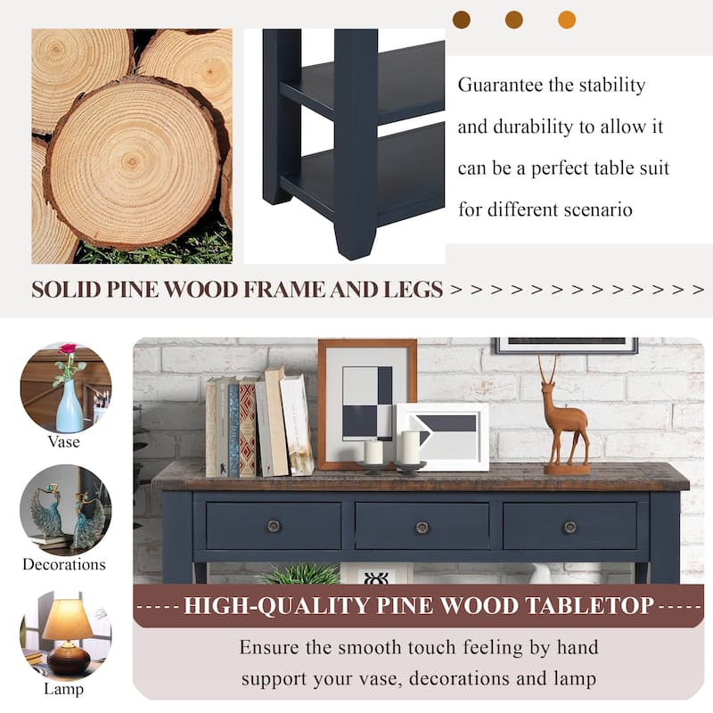 3-Tier Console Table, Entryway Table with Pine Wood Top 3 Storage and Drawers, Sofa Side Table With 2 Open Storage Shelf