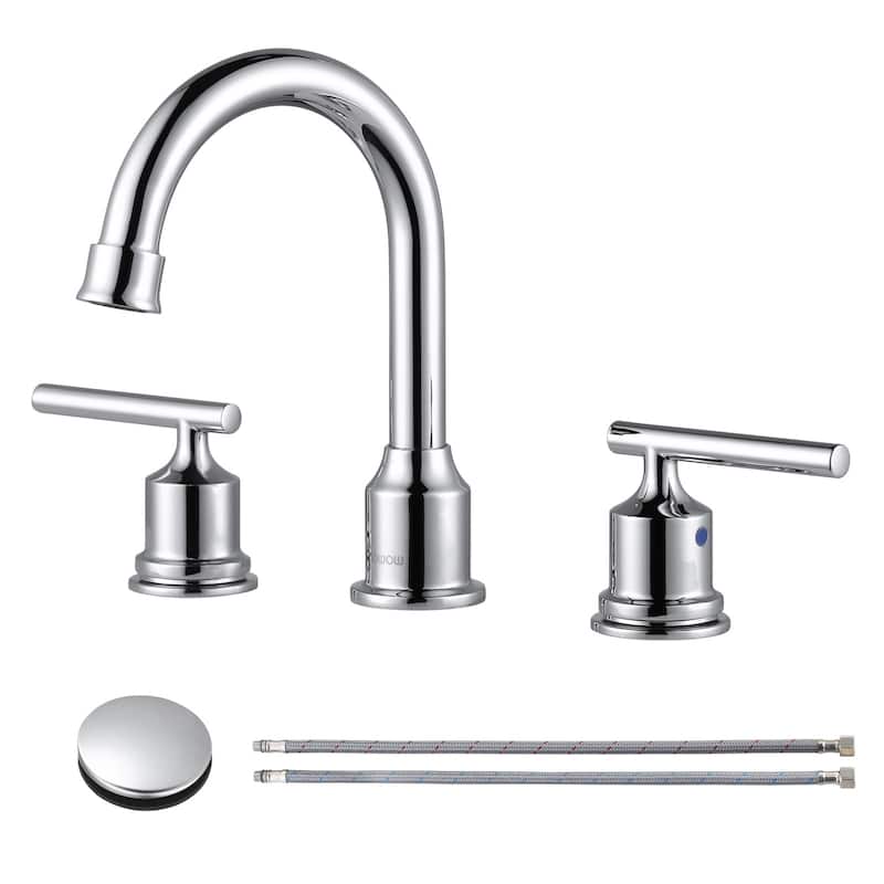WOWOW 8 in. Widespread Double-Handle Bathroom Faucet with Drain Kit - Polished Chrome