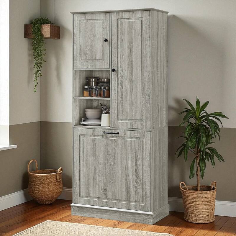 Tall Storage Cabinet with Adjustable Shelves and Flip-Out Basket, MDF Organizer with Enclosed Cabinets & Modern Handles - Oak