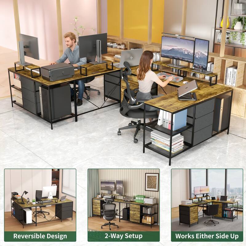 114 Inch L Shaped Desk with Power Outlets and USB C, Industrial Corner Computer Desk with Drawers Shelves