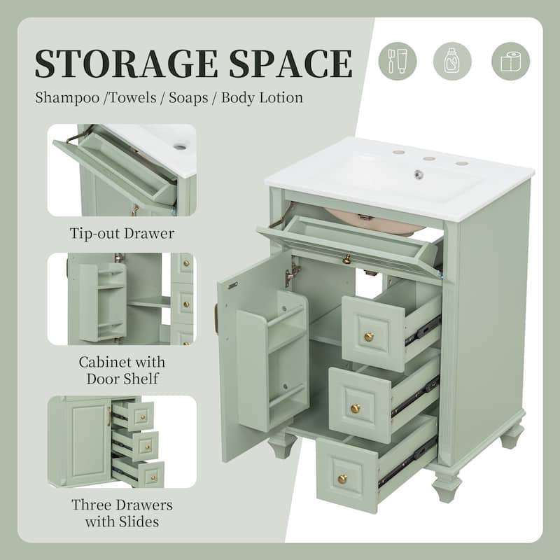 24"Bathroom Vanity with Sink, Freestanding Vanity Cabinet with Flip-Out Drawer, 3 Drawers & Storage Cabinet, Ceramic Sink Top