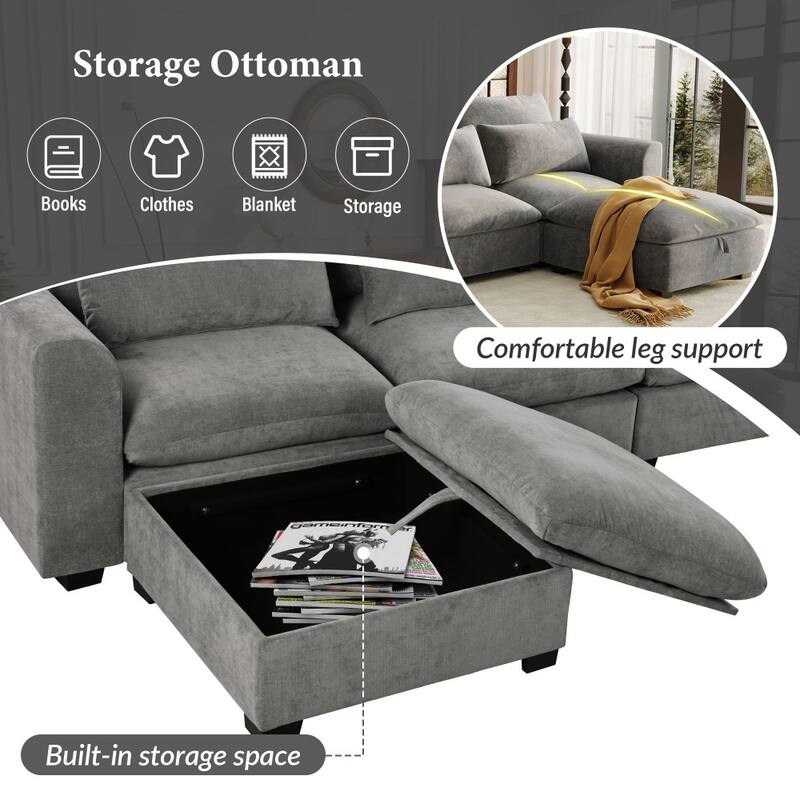 Modern U-shaped Modular Linen Blend Sectional Sofa with 2 Storage Ottomans and 4 lumbar pillows