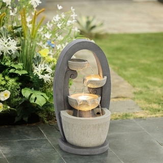 Grey Oval Cascading Bowls Resin Outdoor Fountain with LED Lights