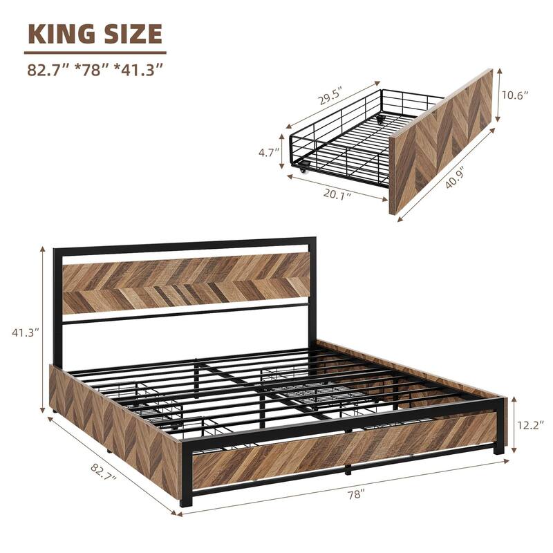 Metal Platform Bed Frame with Rustic Vintage Wood Headboard