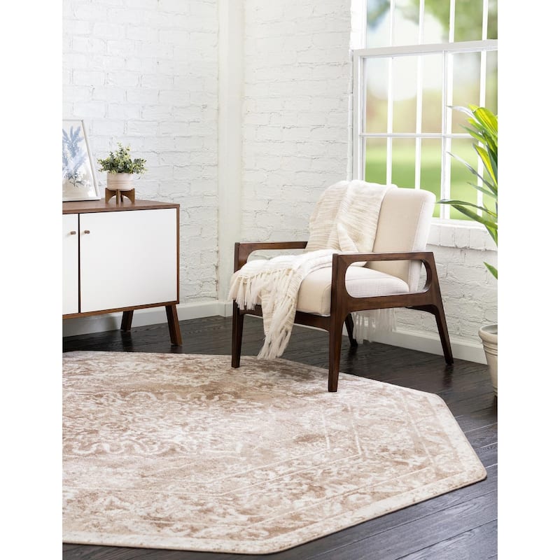 Contemporary Trabzon Collection Area Rug - Beige-Ivory - 7'x7' Octagon