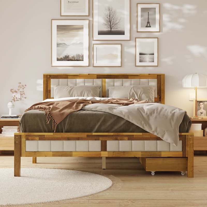 Queen Size Acacia Solid Wood Bed Fram Headboard/Drawer Platform Bed