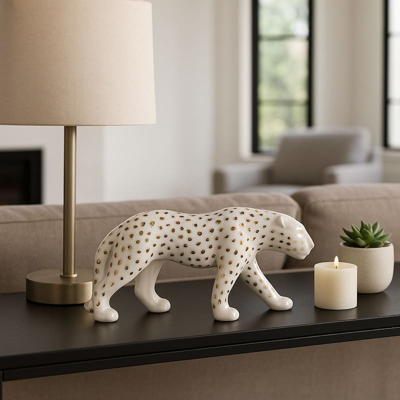 Ceramic Leopard Decorative Figurine - White and Gold - 14.25"