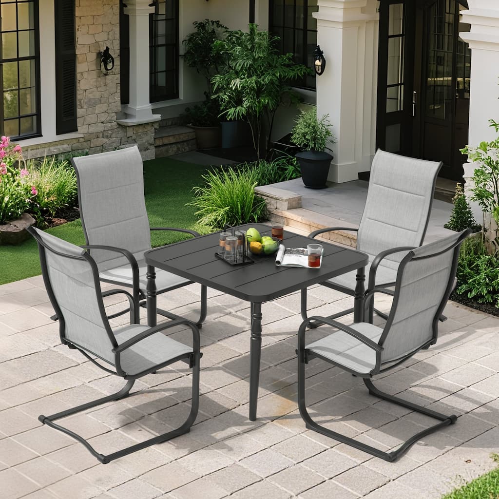 Patio 5-Piece Textilene Dining Set, C-Spring Chair Legs and Umbrella Hole