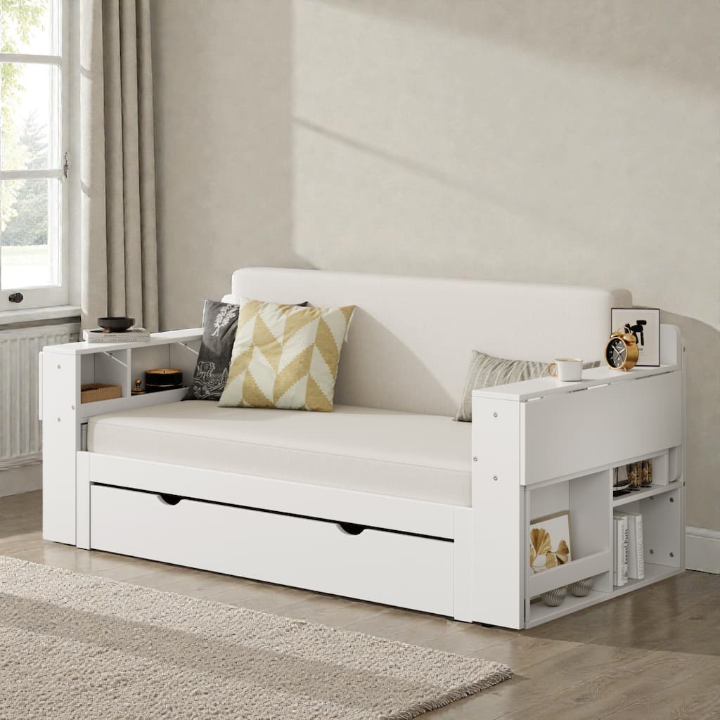 Full Size Daybed with Removable Desk, Storage Drawers & Hydraulic Side Table, Multi-Functional Sofa Bed for Small Spaces