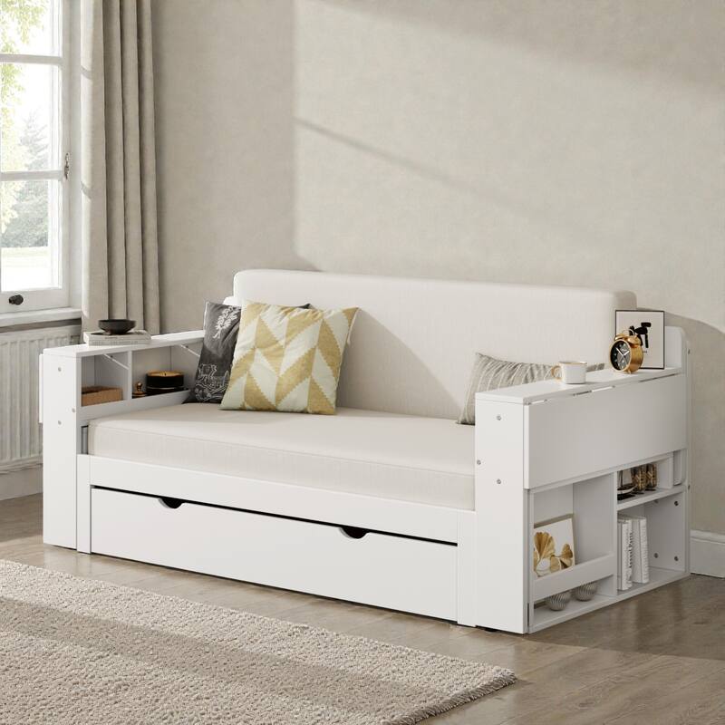 Full Size Daybed with Removable Desk, Storage Drawers & Hydraulic Side Table, Multi-Functional Sofa Bed for Small Spaces - White - Full